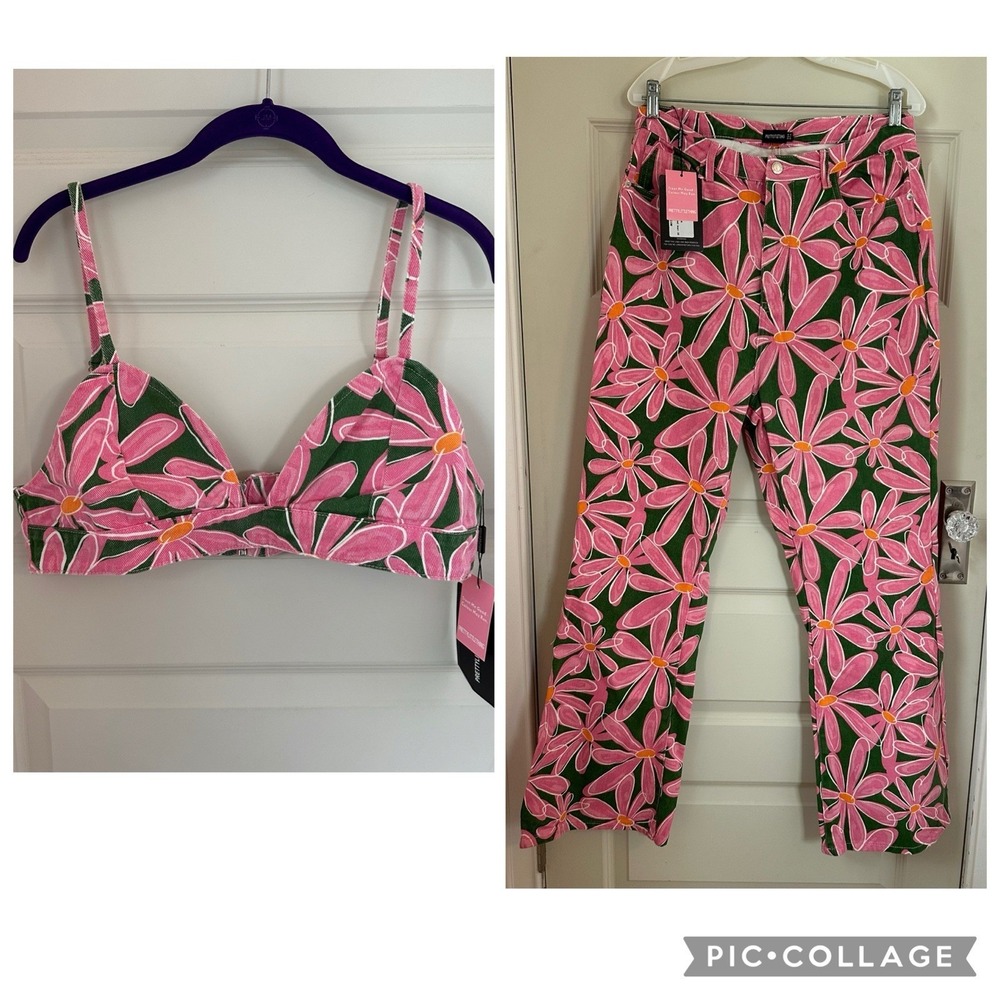 NWT PrettyLittleThing Womens 12 Pink Flower Print Flared Jeans And Bralet Cotton